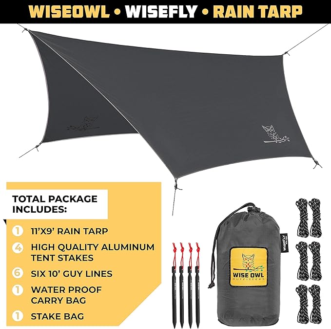 Wise Owl Outfitters Hammock Rain Fly – Waterproof Camping Tarp Cover with Tent Stakes &amp Carry Bag Ultralight Shelter for Backpacking &amp Outdoor Shade
