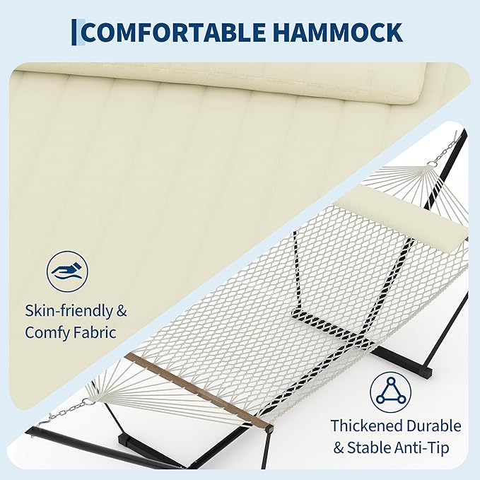 Heavy Duty 2 Person Double Hammock with Portable Adjustable Steel Stand Outdoor Hammock with Pillow for Patio Garden Beach Backyard Camping