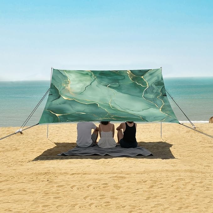 ALAZA Green Marble W/Gold Line Beach Tent Sun Shelter UPF50+ Protection Beach Shade Canopy w/ 4 Sandbags for Outdoor Camping Fishing Backyard Fun Picnic 10x9 ft