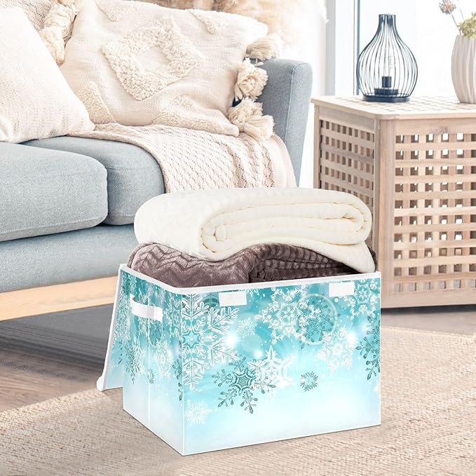 Senya Collapsible Storage Bins with Lids Silver Winter Teal Turquoise Snowflakes Christmas Storage Boxes Clothes Baskets for Organizing