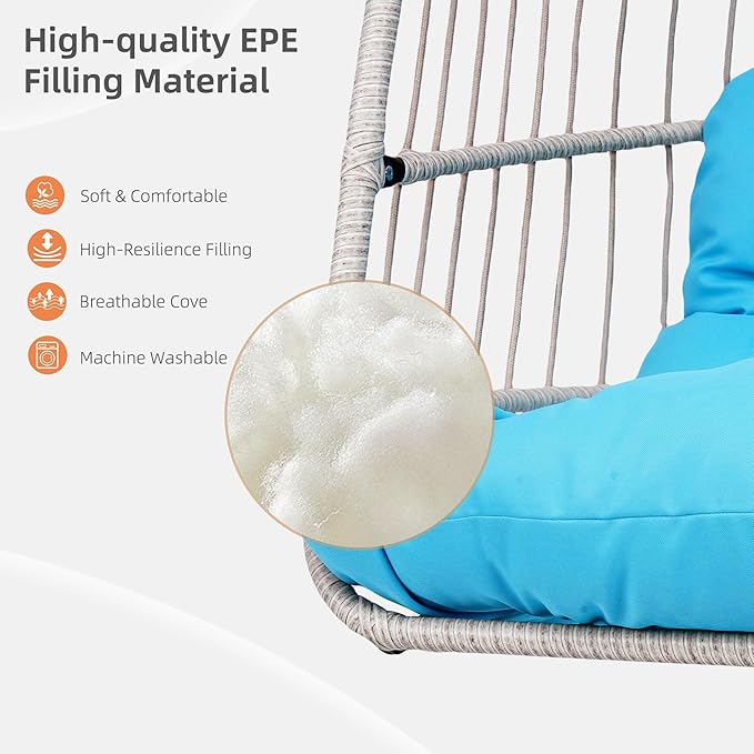 Foldable Hanging Egg Chair with Stand HDPE Rattan and Heavy Duty Aluminum-Steel Frame Outdoor Patio Wicker Swing Egg Chair with Headrest and Cushioned 350 Lbs Capacity (Blue)