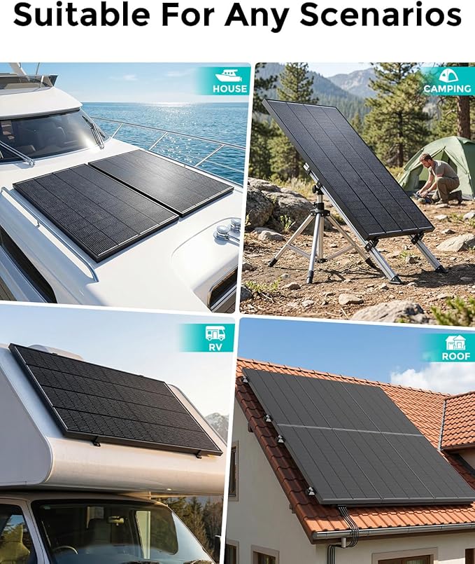 1000 Watt Solar Panel 5 PCS 200W N-Type 16BB 12V Solar Panels with 25.6% High Efficiency IP68 Waterproof 30-Year Long-Lasting Monocrystalline Panels for RV Van Marine &amp Off-Grid Systems