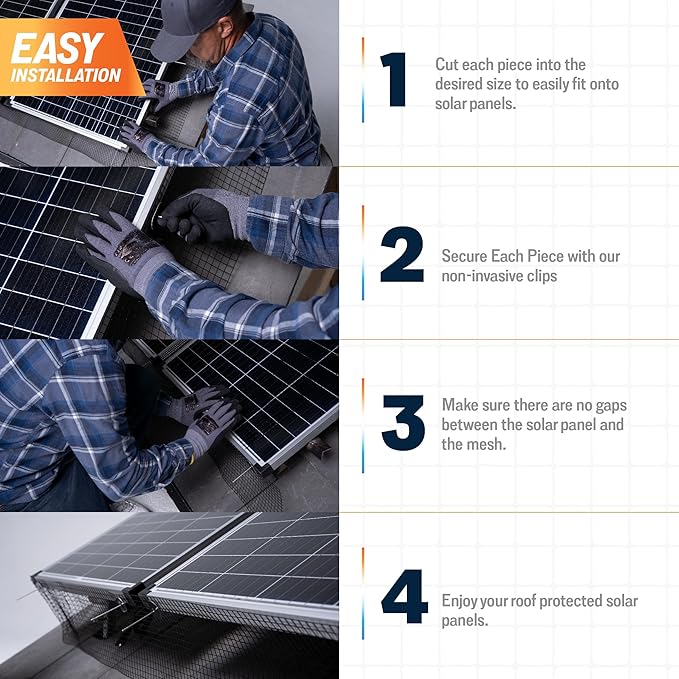 Rotak Critter Guard PRO - 4in x 100ft Solar Panel Bird Prevention Roll Kit with 60 Fastener Clips - Heavy Duty Galvanized Black PVC Coated ½ inch Wire Roll Mesh (4 PRO + 60 Clips)