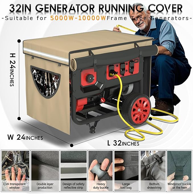 2025 Upgrade Generator Covers While Running 900D+210D Double Layer Production Heavy Duty Dustproof and Waterproof Generator Covers for 5000W-10000W Frame Generators khaki with Storage Bag