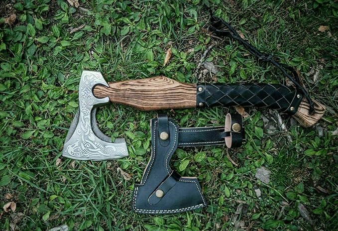 Hand-Forged Viking Axe with Carbon Steel Blade – Ash Wood Handle – Norse Inspired Battle Hatchet for Camping Throwing Collecting or Unique Gifting – Handmade Craftsmanship.
