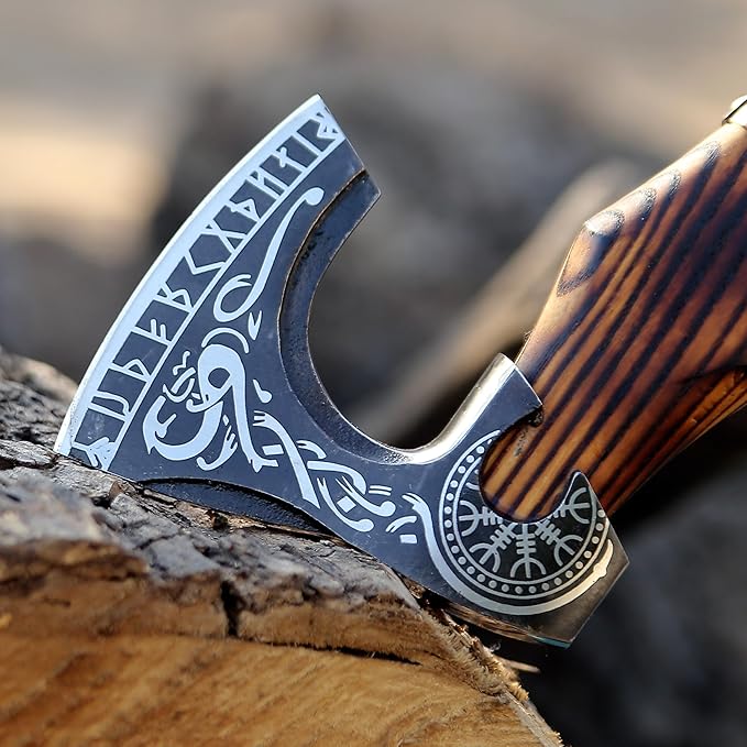 SHINY CRAFTS® Handcrafted Decorative Viking Axe with Leather-Wrapped Handle &amp Sheath – Engraved Blade – Ceremonial Collectible Gift for Men Warriors History Buffs Cosplay &amp Display (VBA-06)