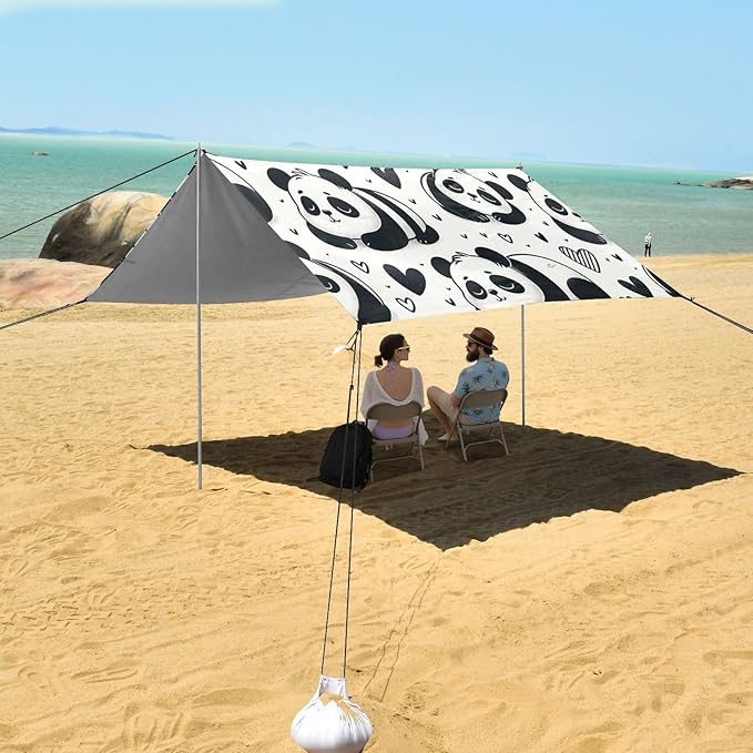 ALAZA Sleeping Panda Heart Beach Tent Sun Shelter UPF50+ Protection Beach Shade Canopy w/ 4 Sandbags for Outdoor Camping Fishing Backyard Fun Picnic 10x9 ft