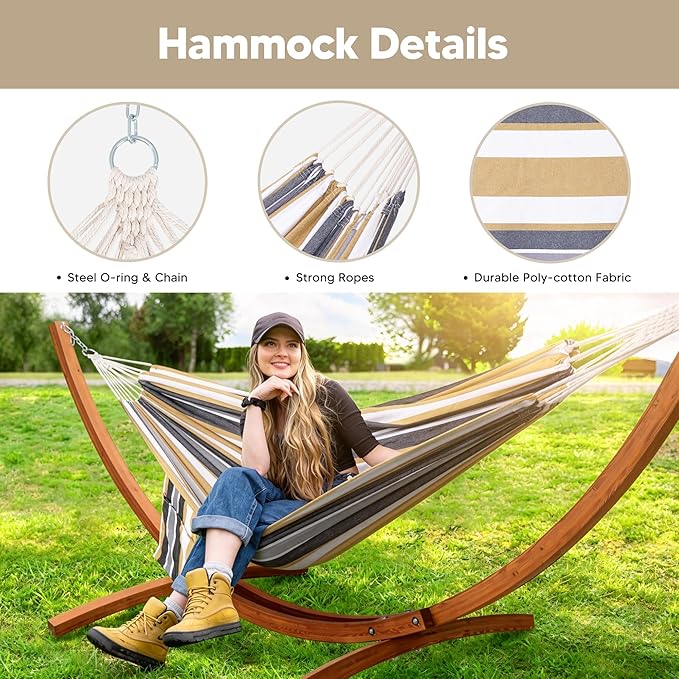 SUNCREAT Hammocks Freestanding Hammock with 10 ft Wooden Stand Included Stand Alone Hammock for Outside 475 lbs Capacity Coffee