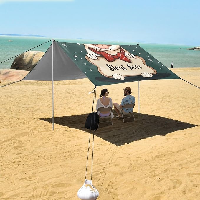ALAZA Merry Christmas French Bulldog Bone Tsnowflake Beach Tent Sun Shelter Portable Canopy Sunshade for Outdoor Camping Picnics Backyard Fun 10x9 ft