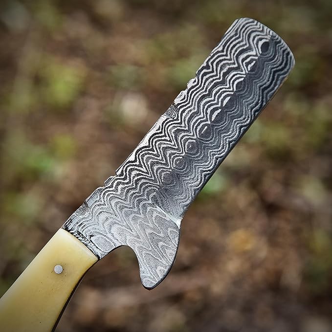 Damascus Steel Knife with Bone Handle Custom Handcrafted Hunting and Survival Knife Full Tang Blade with Leather Sheath - Outdoor Camping EDC and Bushcraft Tool
