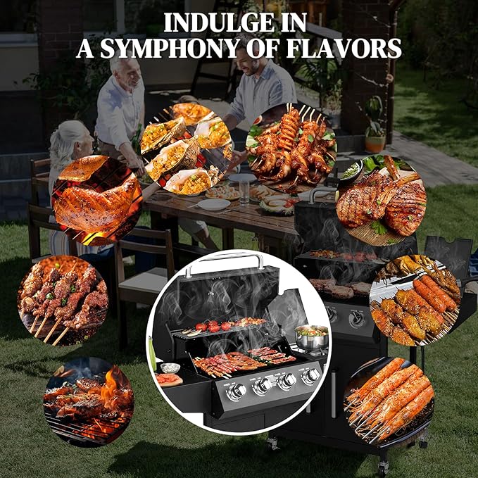 Bonnlo 4 Burner Propane Grills with Side Burner and Porcelain-Enameled Grates 58000BTU Gas Grill with Side Shelf and Portable Rolling Wheels Grill for Outdoor Cooking BBQ Patio Backyard