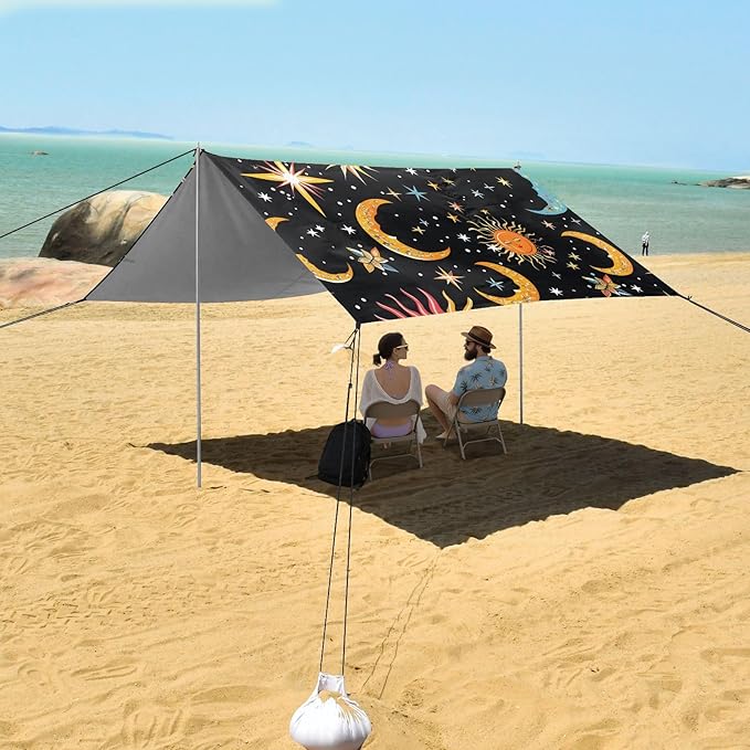 ALAZA Sun Moon Star Starry Sky Cartoon Beach Tent Sun Shelter UPF50+ Protection Beach Shade Canopy w/ 4 Sandbags for Outdoor Camping Fishing Backyard Fun Picnic 10x9 ft