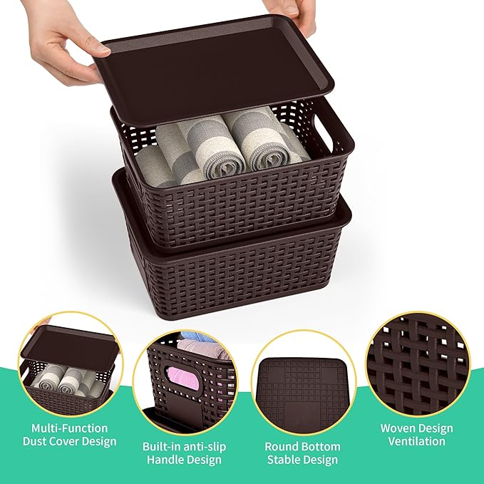 8-Pack Brown Plastic Storage Baskets with Lids Label Organizers Stackable Organizer Containers: For Organizing Shelves Drawers Desk Closets Playrooms Classrooms Offices