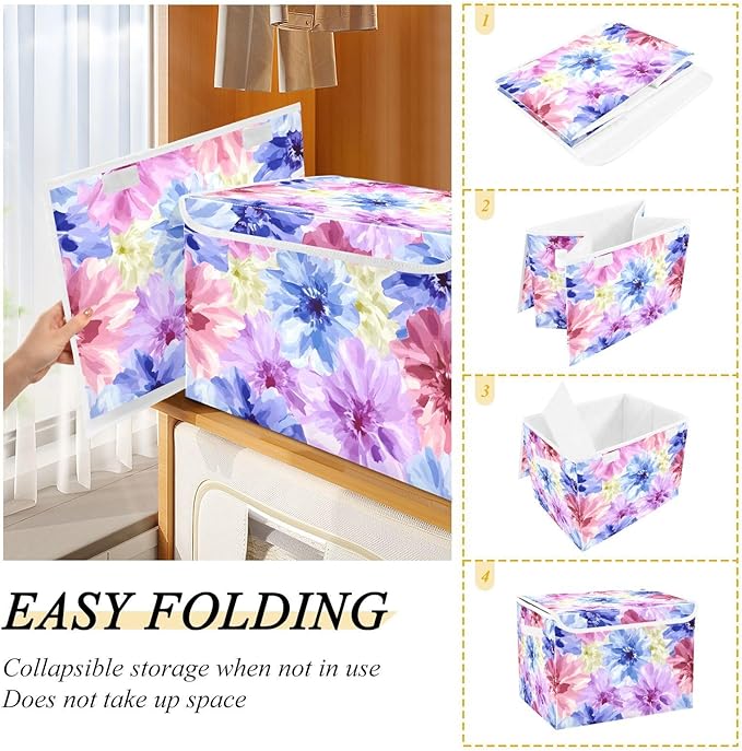 Storage Cube with Lid Flower Blue Red Print 16.5×12.6×11.8 IN 1 Pack Collapsible Large Capacity Foldable Storage Basket Bin Organizer