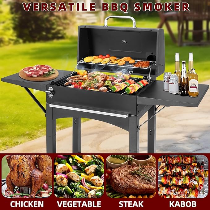 Charcoal Grills Outdoor BBQ Grill with 2 Side TableBarbecue Grill Smoker with 343 Sq.in.Cooking Area for Outdoor Cooking Backyard Camping Picnics Beach by DNKMOR