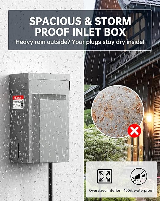 50 Amp Generator Inlet Box w/Circuit Breaker - VHBW Power Inlet Box NEMA SS2-50P Male Receptacle 125/250V 12500W Extra-Large Weatherproof Housing 5 Wiring Ports (Sides/Top/Bottom/Rear) ETL Listed