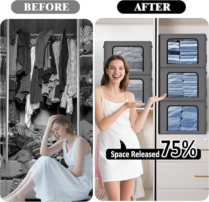GuliPostan 3 Pack 40L Stackable Clothes Storage Bins with Metal Frame Handles &amp Zipper Collapsible Closet Organizer Box with Lid for Bedding Blankets Towel (Dark Grey)