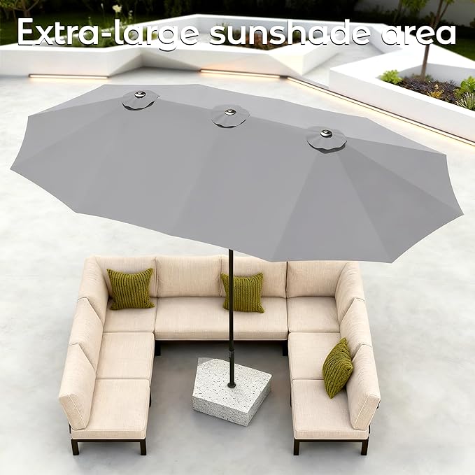 DomeShade 15ft Patio Umbrella with BaseLarge Outdoor Double-Sided Rectangle Umbrella with Crank Handle Market Umbrella for Poolside Garden Deck Backyard Beach Pools Gray