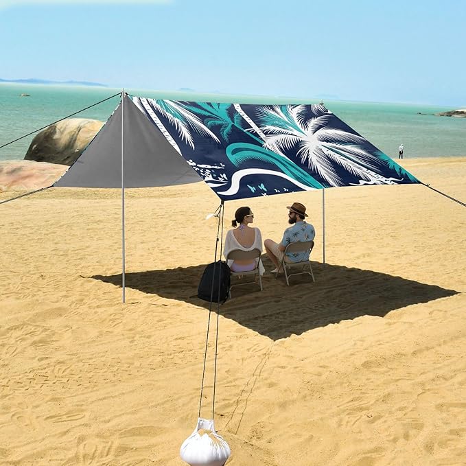 Beach Canopy with Windproof Ropes &amp Sandbags Beach Tent Sun Shade Sun Shelter for Camping Trips Fishing Backyard Fun or Picnics Palm Tree