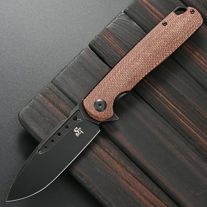 Sitivien ST131 Folding KnifeD2 Blade Micarta Handle EDC Tool Knife with Liner Lock for Outdoor Camping Hiking Fishing(Brown)