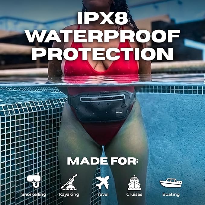 Drench 100% Underwater Waterproof Fanny Pack. Waist Pack. Submersible Waterproof Phone Pouch. Dry Bag for Swimming Boating SUP &amp Snorkelling. Underwater Phone case. Floating Belt Bag