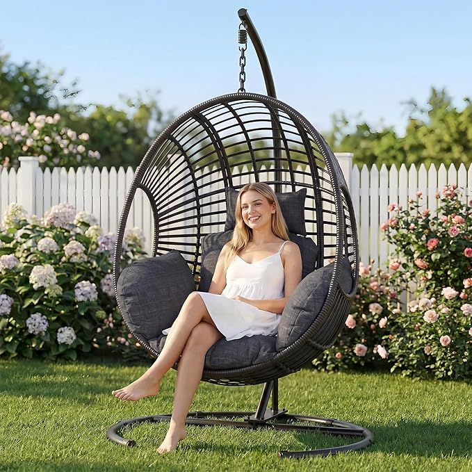 Oversized Hanging Egg Chair Outdoor Indoor Wicker Swing Egg Chair with Stand 400lbs Capacity for Bedroom Patio Garden and Balcony (Black-Regular Oversize)