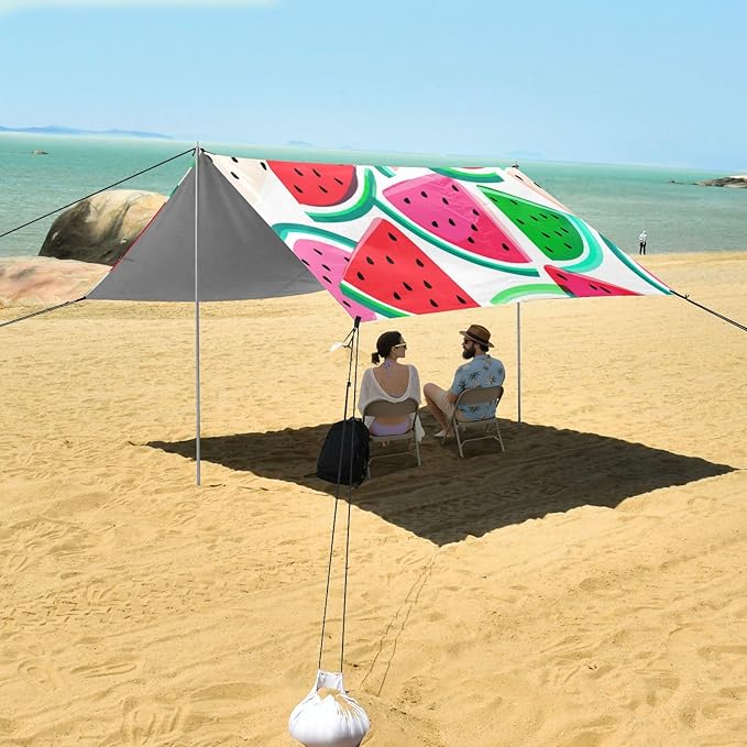 xigua Watermelon Beach Tent Sun Shelter with Carrying Bag - Silver Coated Oxford Fabric Beach Canopy for Beach Camping Fishing - Includes Windproof Ropes Sandbags &amp Stakes