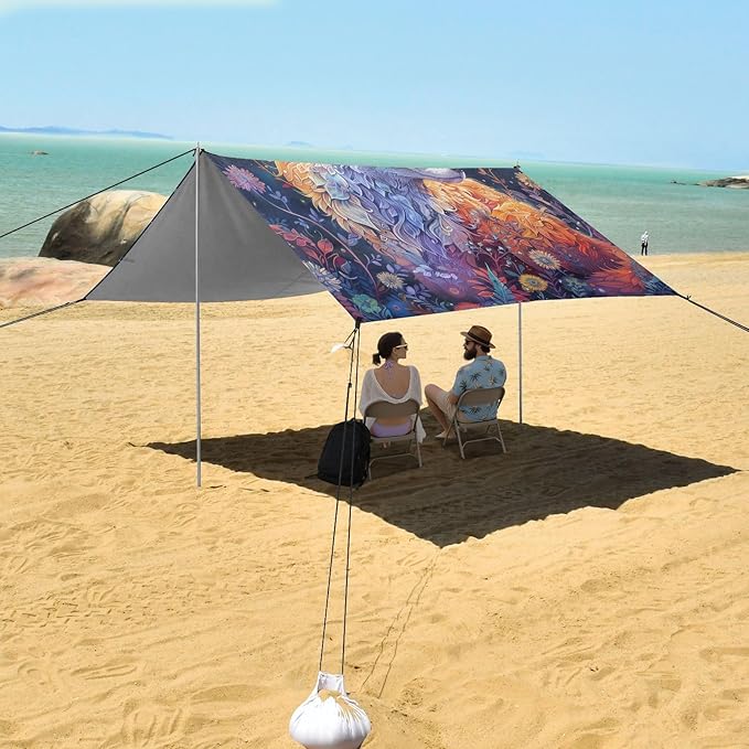 ALAZA Fox Flower Moon Beach Tent Sun Shelter Portable Canopy Sunshade for Outdoor Camping Picnics Backyard Fun 10x9 ft