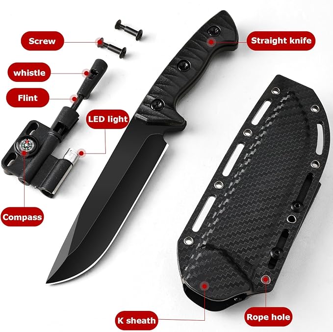 Survival Knife with Fire Starter and Kydex Sheath10.16 Full Tang Fixed Blade Hunting Knife with G10 Handle for BushcraftOutdoorHuntingFishingCamping
