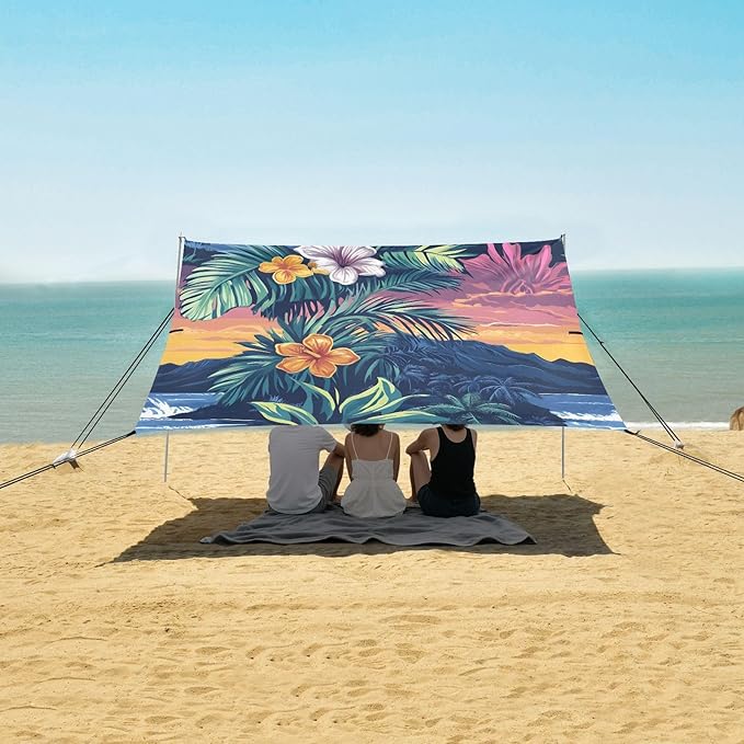 ALAZA Hawaiian Palm Flower Beach Tent Sun Shelter UPF50+ Protection Beach Shade Canopy w/ 4 Sandbags for Outdoor Camping Fishing Backyard Fun Picnic 10x9 ft