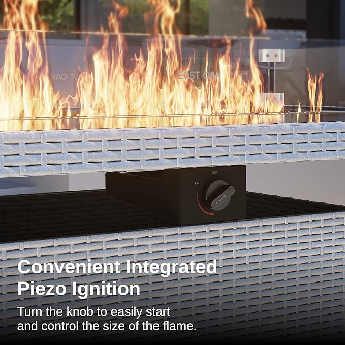 EAST OAK 52'' Propane Fire Pit Table 60000 BTU Gas Firepit w/Large Tempered Glass Tabletop CSA Certified Outdoor Patio Fire Table with Glass Wind Guard Fire Glass and Lid White
