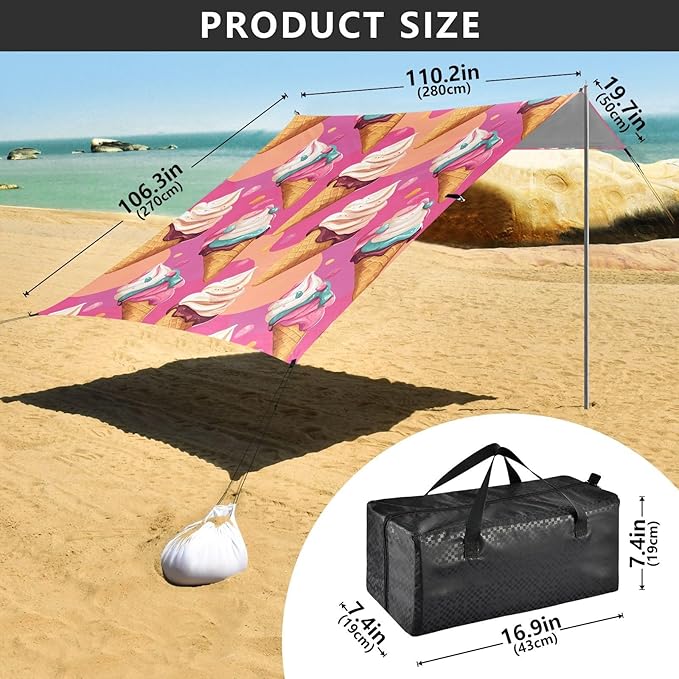 ALAZA Ice Cream Pink Background Pattern Beach Tent Sun Shelter Portable Canopy Sunshade for Outdoor Camping Picnics Backyard Fun 10x9 ft