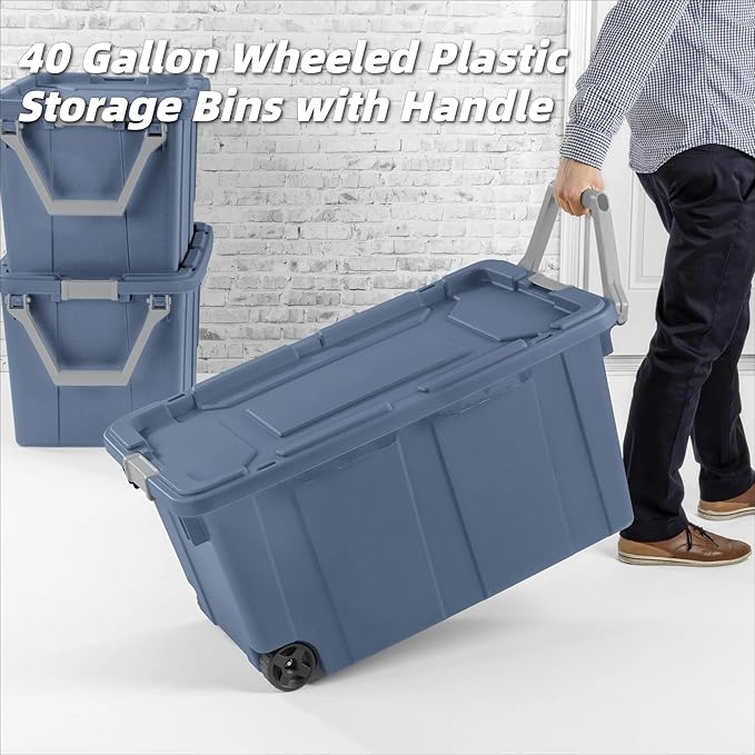 Storage Bins with Lids 40 Gallon Wheeled Plastic Storage Bins with HandleBlue - Large Capacity Stackable Storage Containers for Garage Organization