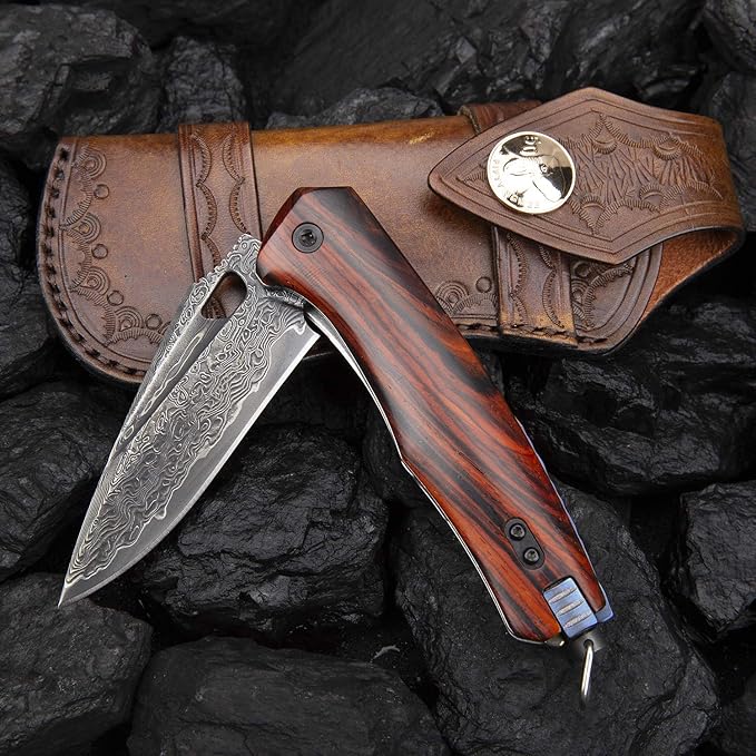 Damascus steel multifunctional EDC folding knife with self assembling pocket clip lining lock leather sheath one piece disassembly pocket knife