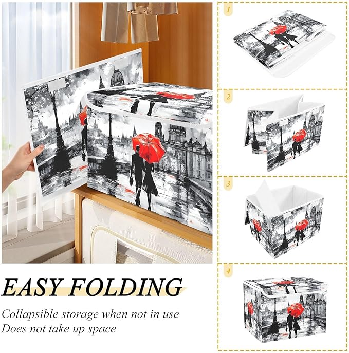 Romantic Woman Art Large Linen Storage Bins with Lid &amp Handle Foldable Storage Cubes Organizer Box Basket with Flip-Top Lid for Home Office 16.5” x 12.6” x 11.8”