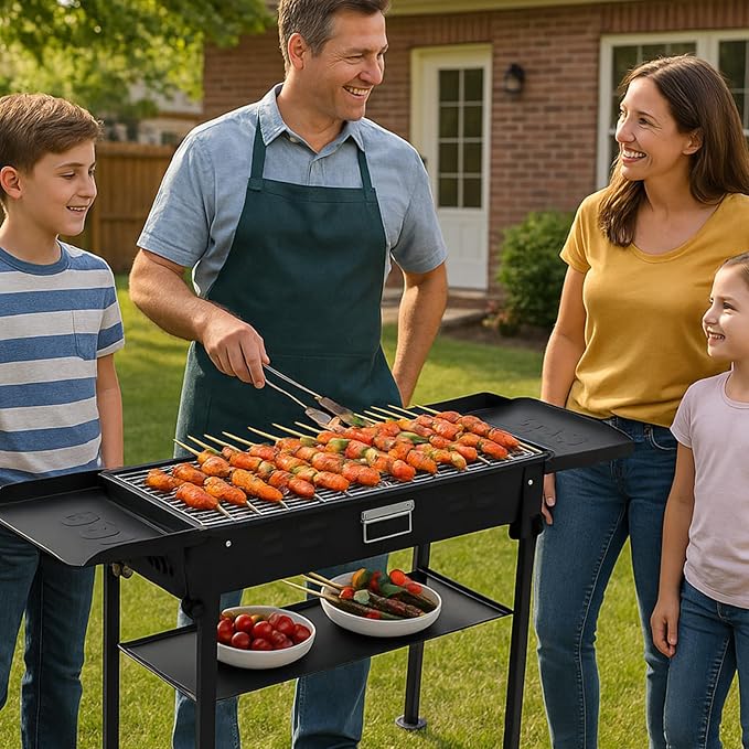 comzenz 35’’ Portable Charcoal Grill Folding BBQ Grill for Outdoor Grilling Cooking Camping Hiking Picnics Tailgating Backpacking Party With Storage Bag &amp Non-Stick Frying Pan Matte Black