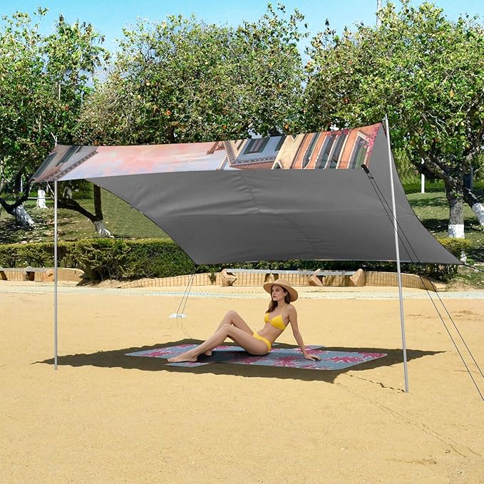 xigua Landscape Beach Tent Sun Shelter with Carrying Bag - Silver Coated Oxford Fabric Beach Canopy for Beach Camping Fishing - Includes Windproof Ropes Sandbags &amp Stakes