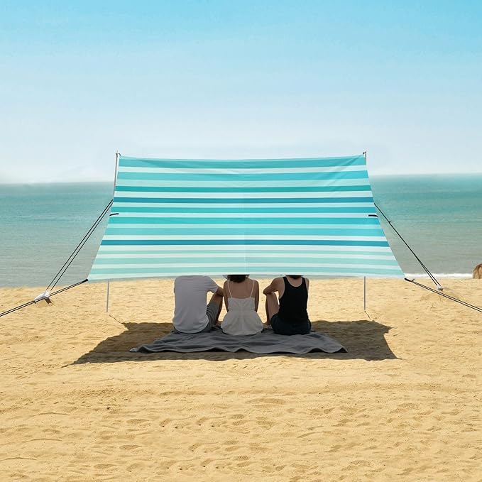 ALAZA Teal Blue Stripes Beach Tent Sun Shelter Portable Canopy Sunshade for Outdoor Camping Picnics Backyard Fun 10x9 ft
