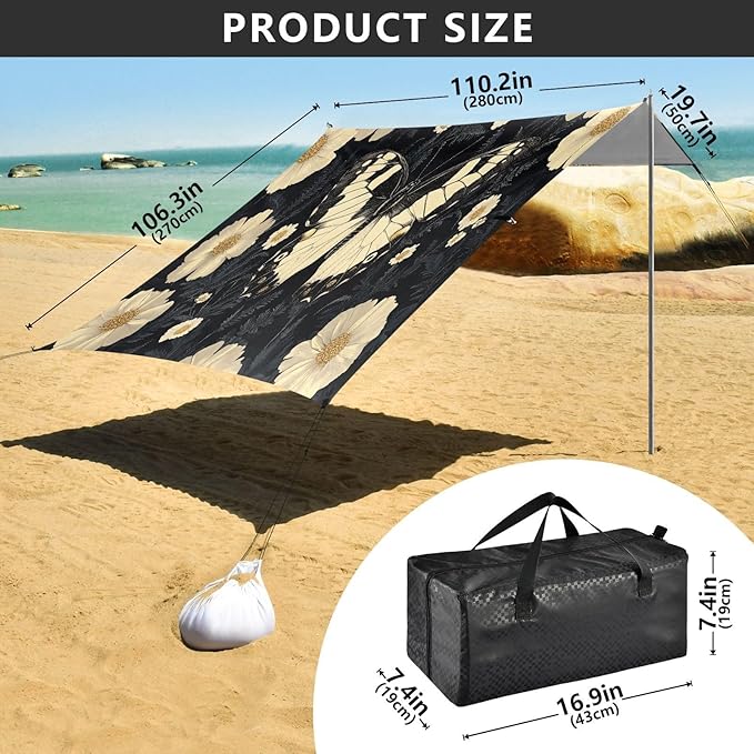 Butterfly and Flowers White Beach Tent Sun Shelter Set UPF50+ UV Protection 10.5 x 9.19 FT Camping Shade Canopy with Sandbags Sand Anchors Carrying Bag and Others