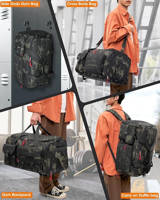 RAINSMORE Gym Bag for Men 45L Sports Travel Duffel Bag with Shoe &amp Laptop Compartment Gym Workout Backpack Carry On Weekender Bag Overnight Backpack for Travel Green Camo