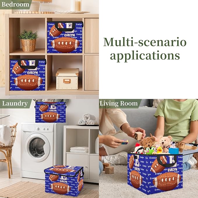 American Football Sports Custom Storage Bins with Lid Foldable Fabric Personalized Storage Basket Box with Handle Storage Organizer Container for Home Bedroom Closet
