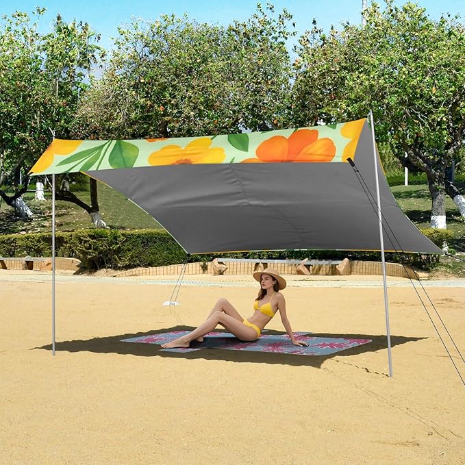 Beach Canopy with Windproof Ropes &amp Sandbags Beach Tent Sun Shade Sun Shelter for Camping Trips Fishing Backyard Fun or Picnics Flowers