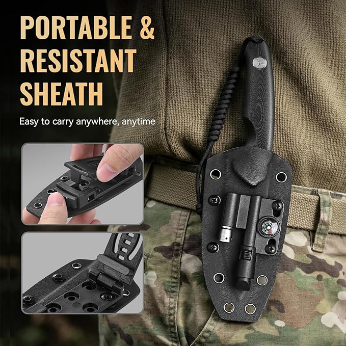 Emojoy Fixed Blade Knife with Sheath Black Stonewash Blade 4.33 Camping Knife with G10 Handle &amp Hidden Tool Full Tang Survival Knife for Camping Bushcraft - Includes Compass Whistle and Sheat