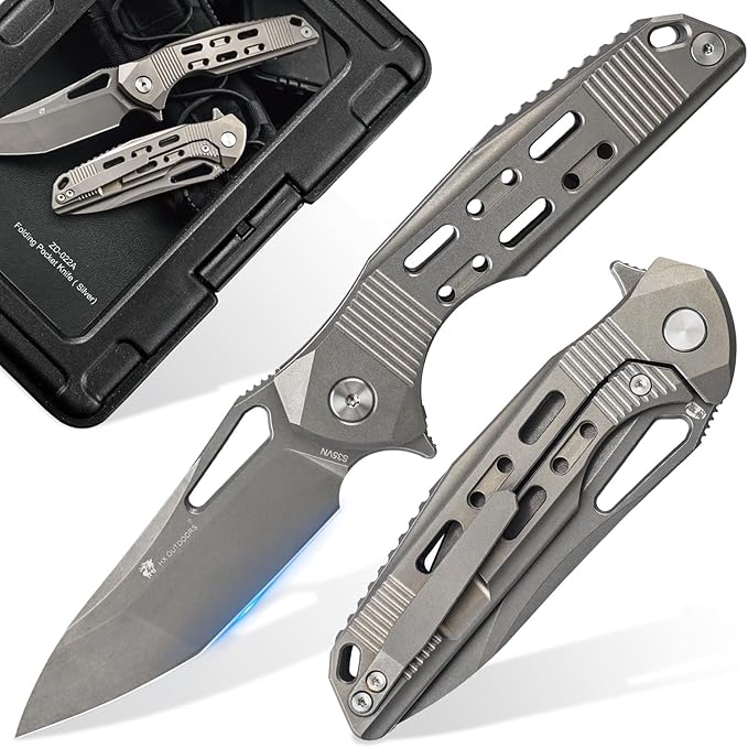 HX OUTDOORS Foldable Pocket Knife with Lock High End S35VN Steel Folding Knife with Non Slip Titanium Alloy Handle(Silver)