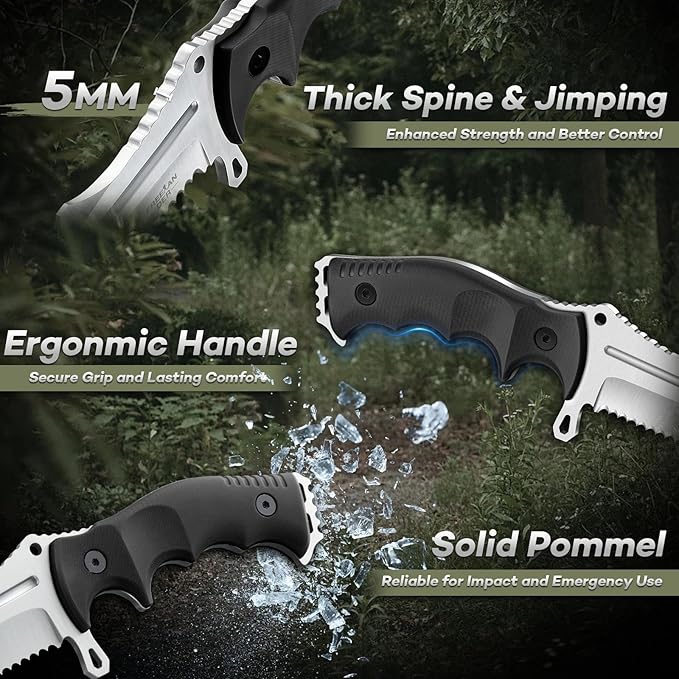 Freelander Fixed Blade Knife D2 Steel Full Tang Survival Knife with Kydex Sheath Outdoor Bushcraft Knives with Ergonomic Handle Camping Survival Knives for Men Plain &amp Serrated Edge
