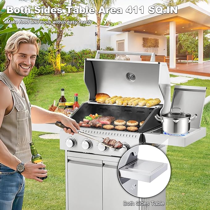 MELLCOM Stainless Steel 4 Burner BBQ Propane Gas Grill with Cast Iron Grates &amp Side Stove Stainless Steel 44000 BTU Burner Barbecue Grill for PatioCamping Outdoor Cooking