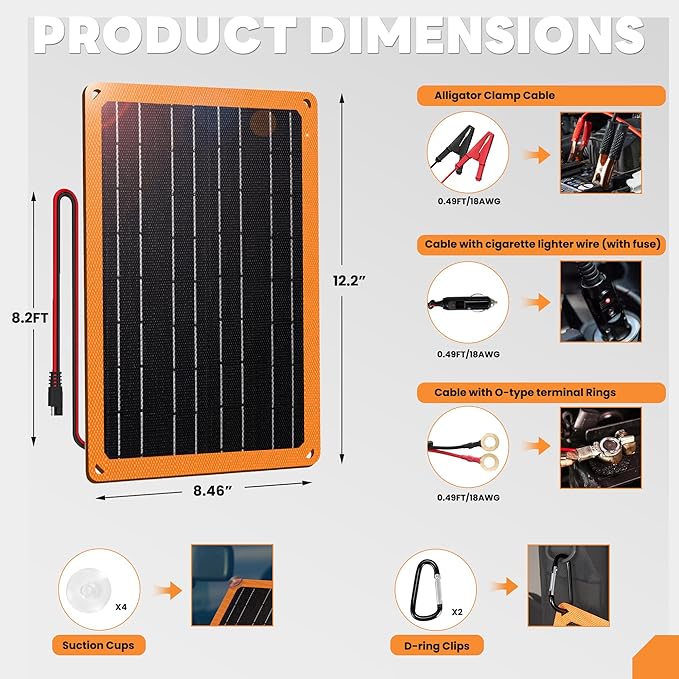 FieryRed 10W 12V Solar Panel Car Battery Charger &amp Maintainer Waterproof Trickle Charger with Built-in Controller Cig Plug Alligator Clips USB-C USB-A Outputs for Car Boat RV Tractor