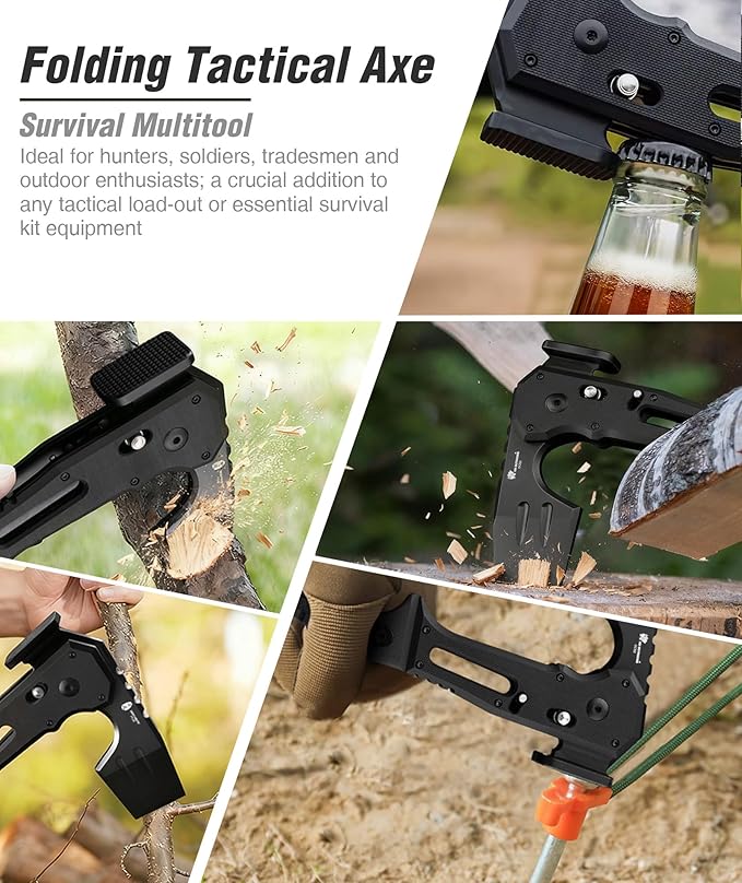 HX OUTDOORS Folding Tactical Axe and 19 in 1 Multi Tool Survival Combo – DC53 Steel Blade Stainless Steel Multitool for Camping Outdoor Emergency(Sliver)