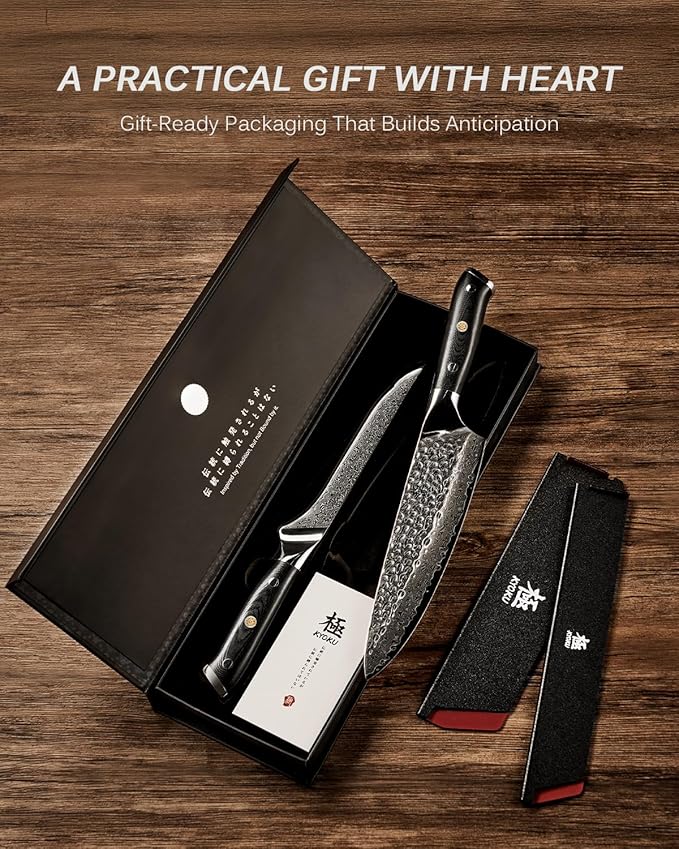 KYOKU Knife Set Shogun Gin Series 2pc Japanese Style Kitchen Knife Set 7 Boning 8 Chef Knife with Silver Ion Blade Sheath Gift Box Sharp Damascus Stainless Steel Knives for Meat Vegetable