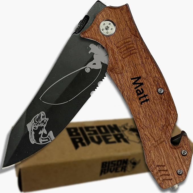 Personalized Pocket Knife for Men with Clip | Laser Engraved Fishing Design Folding Utility Tactical Switchblade for Camping Hunting Rescue | Custom Birthday Gift for Dad Husband Groomsmen Gifts